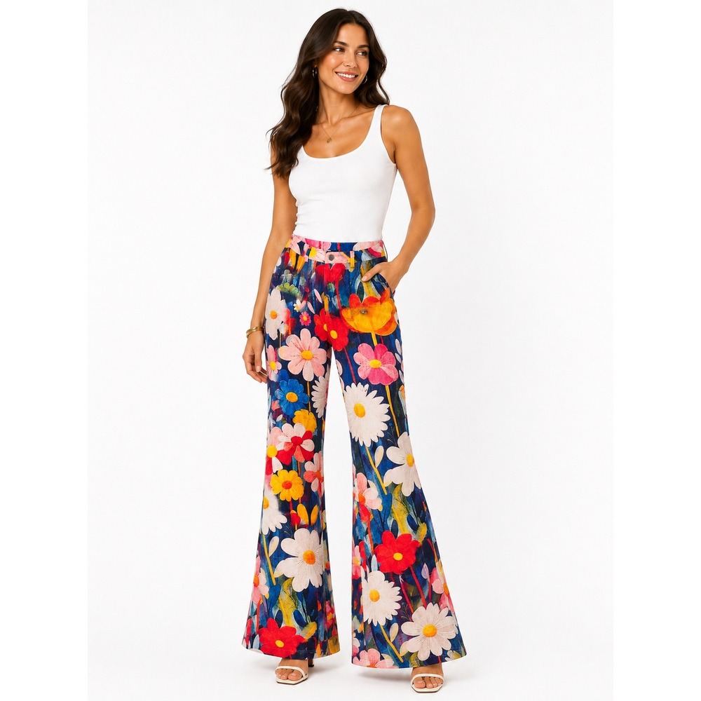 Vintage Y2K Boutique Floral High Rise Flare Pants Wide Leg Multi Color Size L
